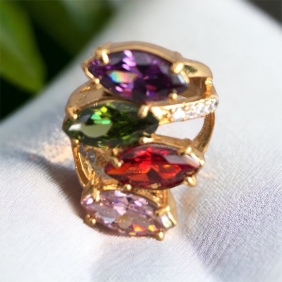 NEW Gold Plated Crystal Ring Pink Red Green Purple Cubic Zirconia Size 7.5 - Picture 2 of 6
